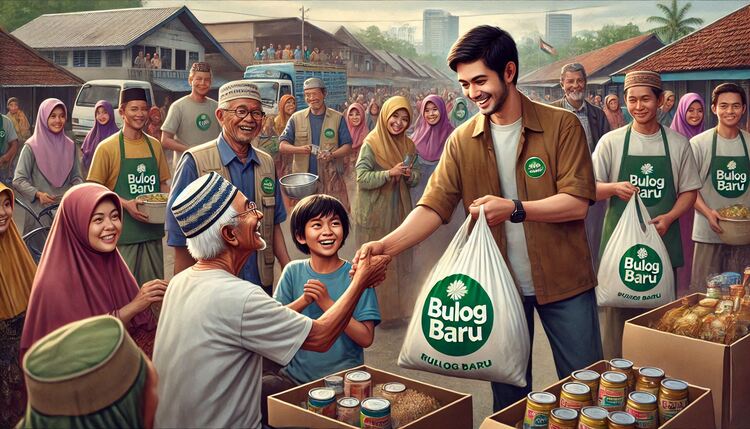 Ilustrasi: Gambar relawan yang sedang mendistribusikan makanan dan barang-barang penting seperti beras, minyak goreng, dan barang kebutuhan pokok lainnya kepada keluarga di sebuah desa. Sumber: Bing Image Creator AI)