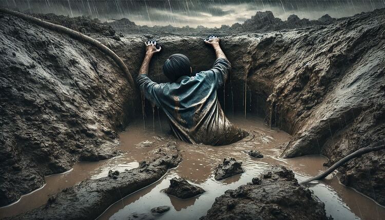 Ilustrasi: Gambar dramatis yang menggambarkan konsep terjebak atau terperangkap dalam situasi sulit, simbolisasi dari seseorang yang mencoba melarikan diri tetapi tidak bisa keluar dari lubang atau kubangan berlumpur - (Sumber: Bing Image Creator AI)