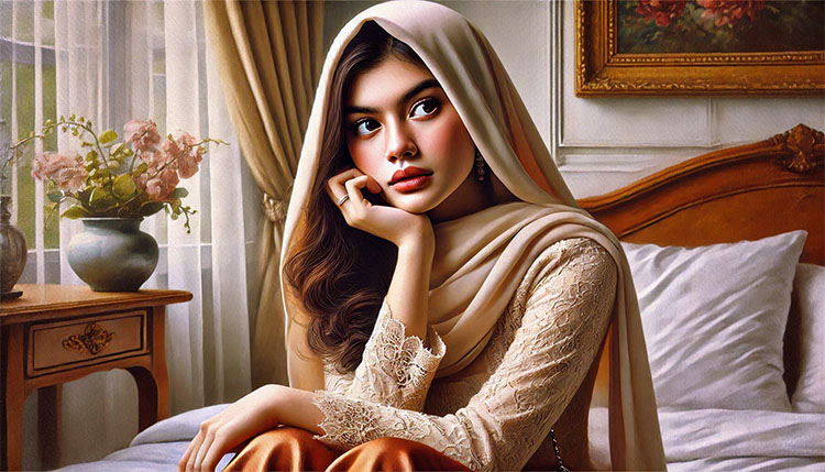Ilustrasi: Seorang gadis muslim remaja yang sedang mengalami krisis percaya diri - (Sumber: Bing Image Creator AI)