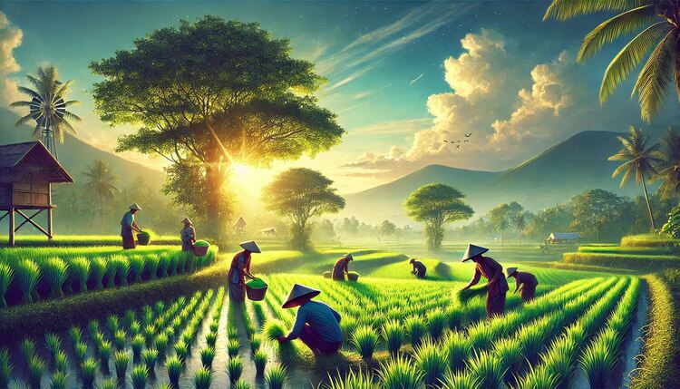 Ilustrasi: Gambar petani yang bekerja di sawah di bawah sinar matahari yang cerah - (Sumber: Bing Image Creator AI)