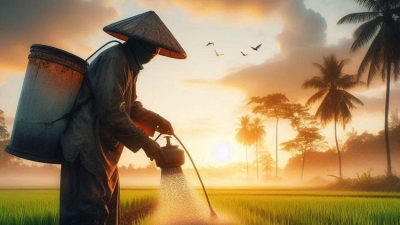 Petani memupuk tanaman padi di sawah