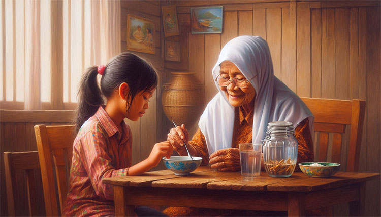 Ilustrasi: Seorang nenek sedang berbicara dengan cucu perempuannya yang sedang sarapan - (Sumber: Arie/MMSN)
