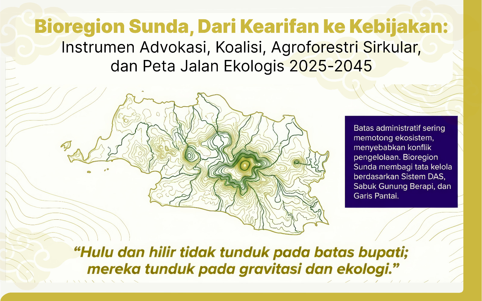 Judul: Bioregion Sunda, Dari Kearifan ke Kebijakan Dari Kearifan ke Kebijakan: Instrumen Advokasi, Koalisi, Agroforestri Sirkular, dan Peta Jalan Ekologis 2025-2045 Penulis: Widiana Safaat (Wakil Ketua Panata Gawe, Majelis Musyawarah Sunda)