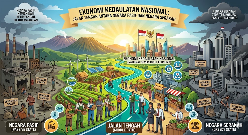 Judul: EKONOMI KEDAULATAN NASIONAL: JALAN TENGAH ANTARA NEGARA PASIF DAN NEGARA SERAKAH Penulis: Radhar Tribaskoro (Ketua Kajian Ilmiah Forum Tanah Air (FTA))
